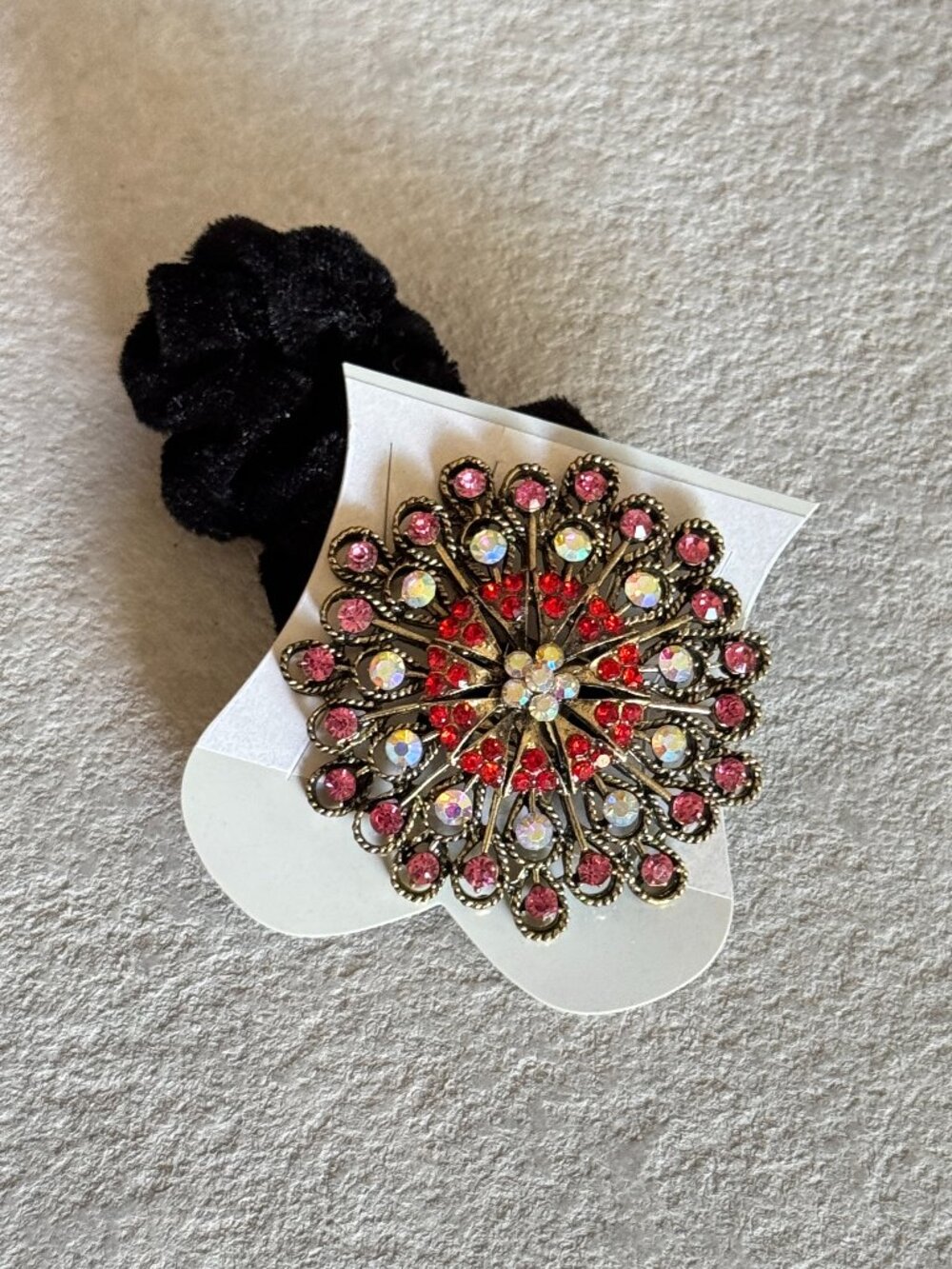 Red Crystal Medallion Black Scrunchie Hair Tie